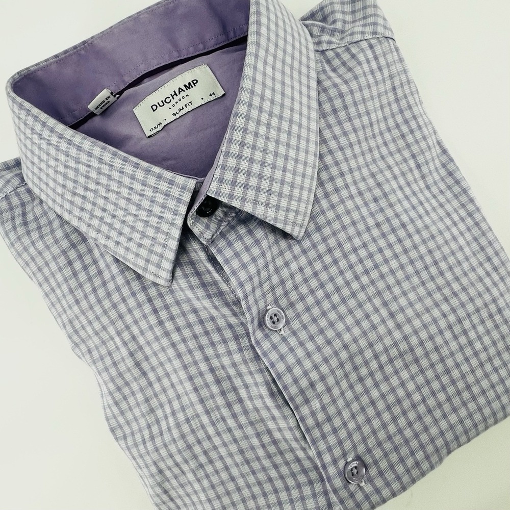 Duchamp London Men's 17.5/44 Slim Fit Dress‎ Shirt Purple Plaid Long Sleeve